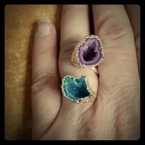 New Unique Double Agate Druzy Silver Ring.